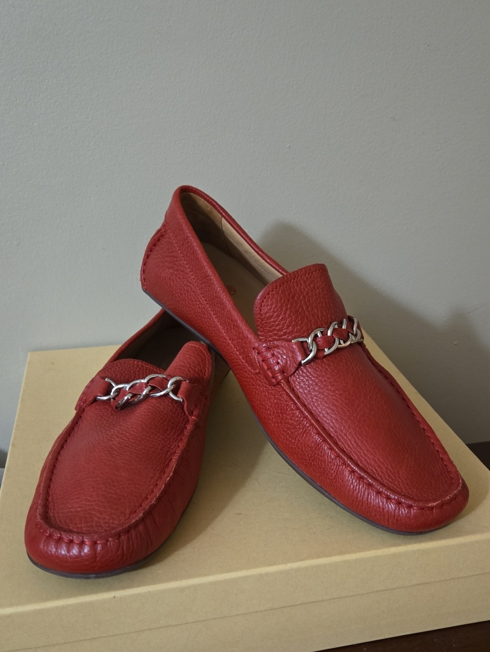 Marc Joseph Men's Red Leather Chain-Trim Loafers Size 11 EUC